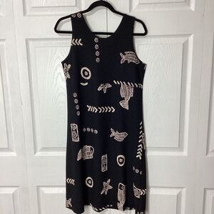 Hawaiian Tropical Print Dress KOWAH Size M Black Cream Gauzy Sleeveless A-Line